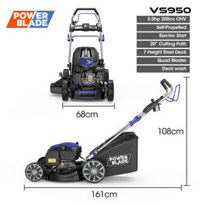 Powerblade 20' 200Cc Self Propelled Lawn Mower Electric Start 7 Height Steel Deck Wash Port Ohv 4 Stroke Petrol Vs950