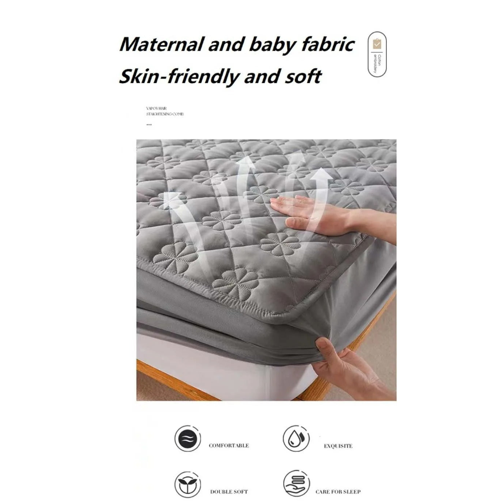 Mattress Cover Floral Gray Waterproof Quilted Fitted Bed Sheet 100Cm X 200Cm