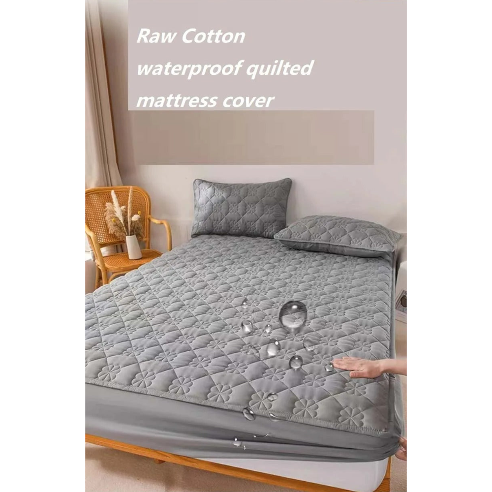 Mattress Cover Floral Gray King Size Waterproof Quilted Fitted Bed Sheet For
