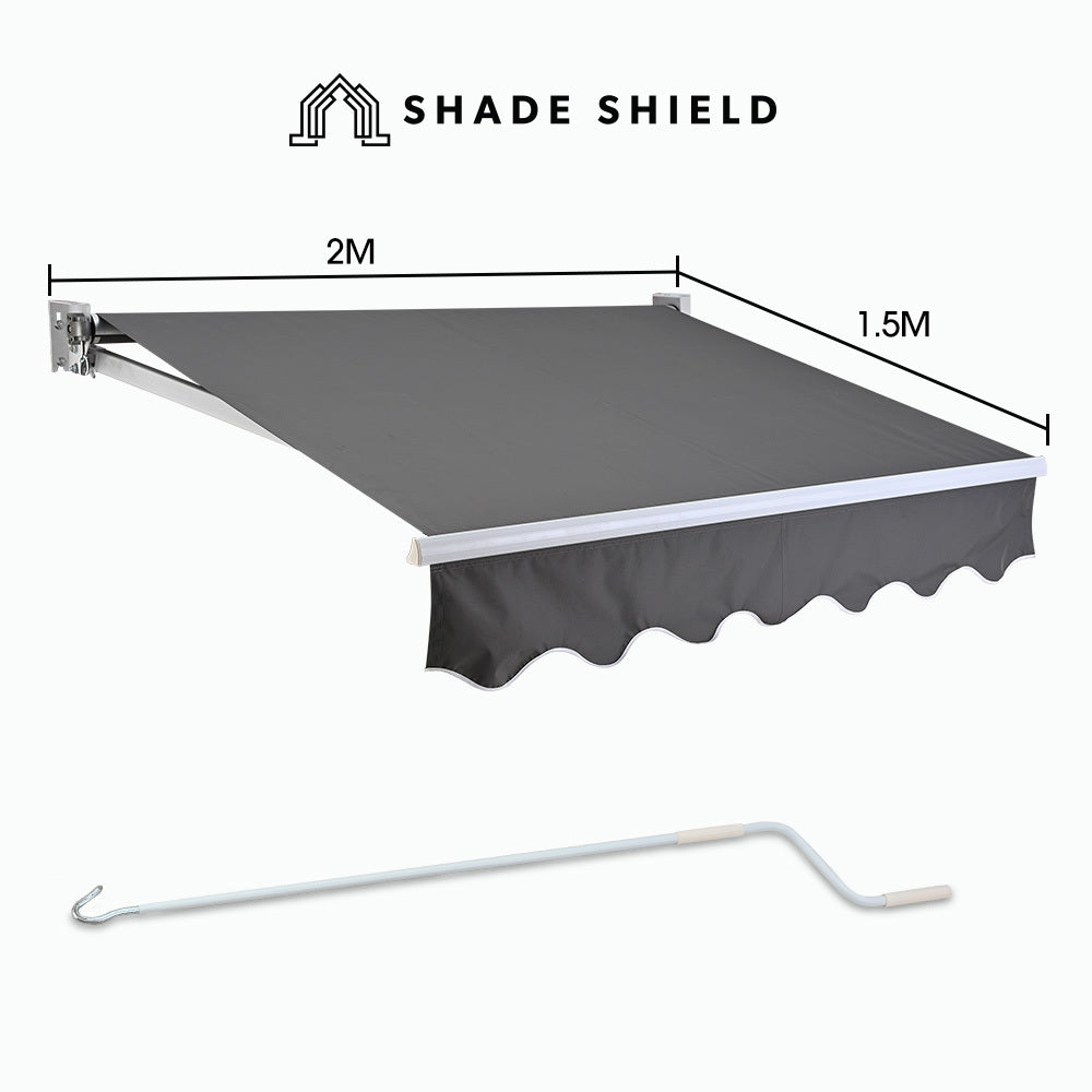 Shade Shield 2 X 1.5M Retractable Grey Folding Arm Awning Powder Coated 6063 Aluminium With Hand Crank For Outdoor Patio