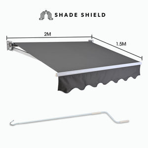 Shade Shield 2 X 1.5M Retractable Grey Folding Arm Awning Powder Coated 6063 Aluminium With Hand Crank For Outdoor Patio