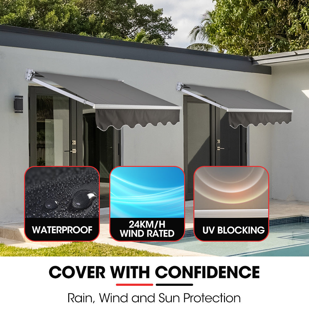 Shade Shield 2 X 1.5M Retractable Grey Folding Arm Awning Powder Coated 6063 Aluminium With Hand Crank For Outdoor Patio
