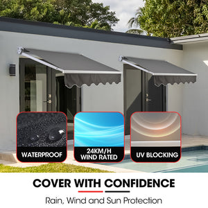 Shade Shield 2 X 1.5M Retractable Grey Folding Arm Awning Powder Coated 6063 Aluminium With Hand Crank For Outdoor Patio