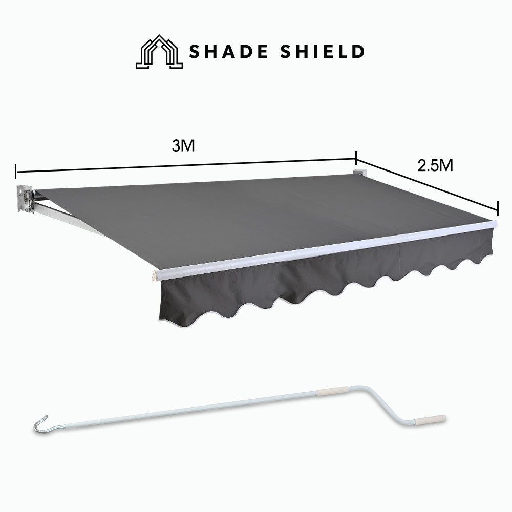 Shade Shield 3X2.5M Retractable Folding Arm Awning Powder Coated 6063 Aluminium With Hand Crank For Outdoor Patio