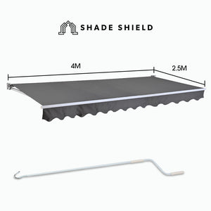 Shade Shield 4X2.5M Retractable Folding Arm Awning Powder Coated 6063 Aluminium With Hand Crank For Outdoor Patio