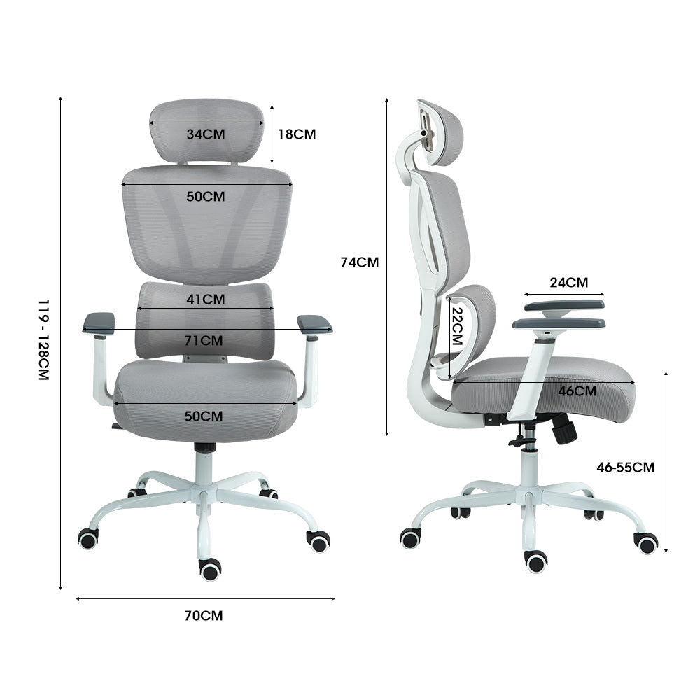 Fortia Ergonomic Office Desk Chair Coolmesh Fabric Lumbar Support Headrest Armrest And Recline White Mesh/Grey Frame