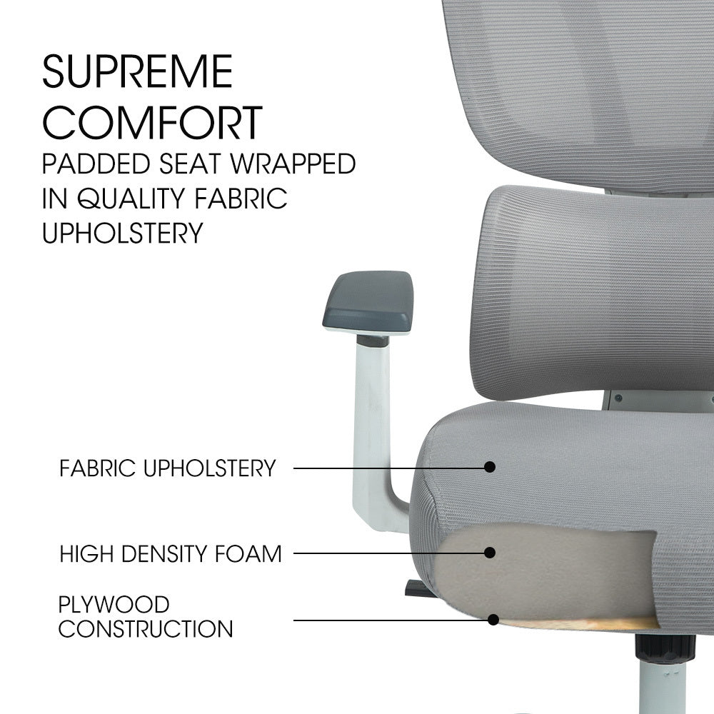 Fortia Ergonomic Office Desk Chair Coolmesh Fabric Lumbar Support Headrest Armrest And Recline White Mesh/Grey Frame