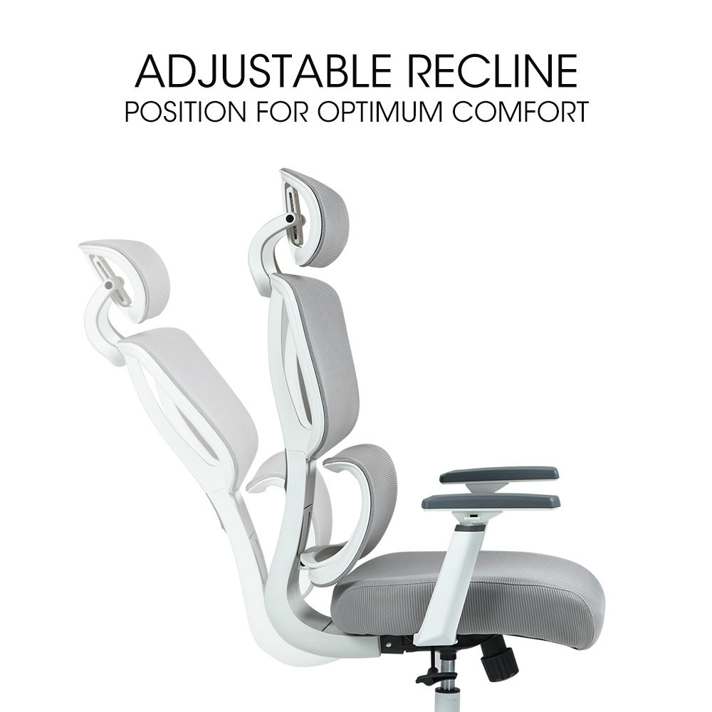 Fortia Ergonomic Office Desk Chair Coolmesh Fabric Lumbar Support Headrest Armrest And Recline White Mesh/Grey Frame