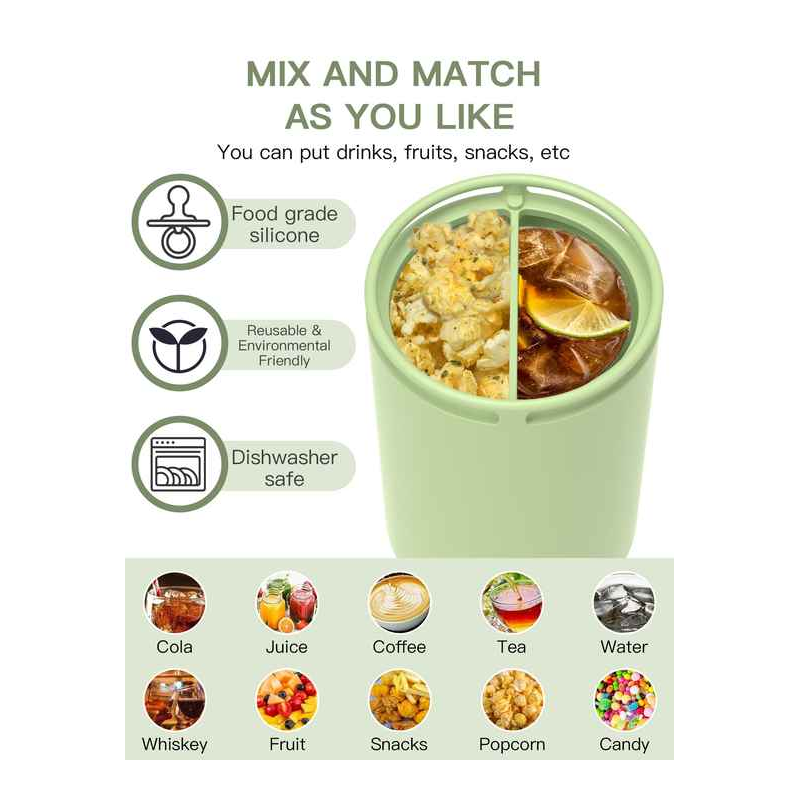 Green 40Oz Silicone Dual Chamber Cup Separator Food Grade Drink Divider Cold Mug With Separate Compartments Bpa Free Lin