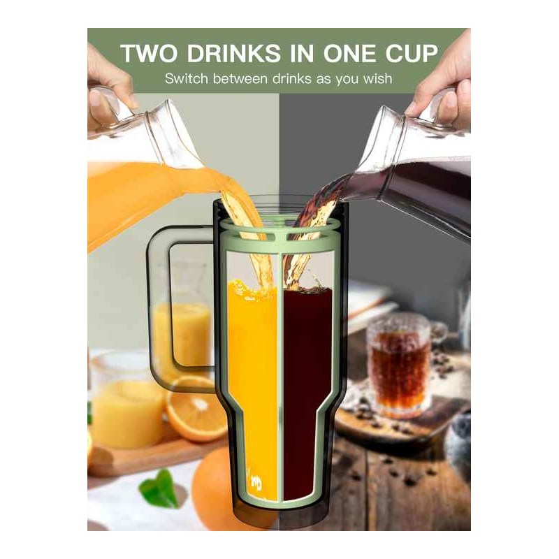 Green 40Oz Silicone Dual Chamber Cup Separator Food Grade Drink Divider Cold Mug With Separate Compartments Bpa Free Lin