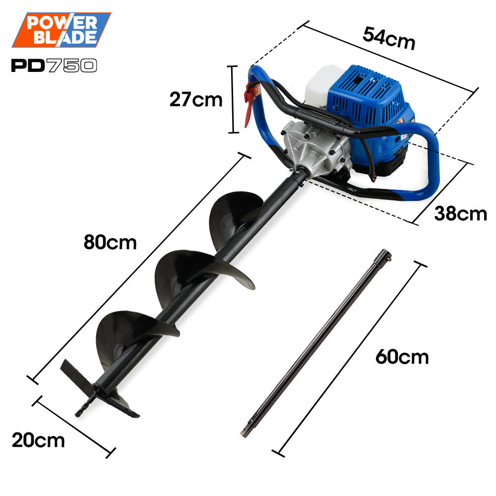 Powerblade Pd750 52Cc Stroke Petrol Post Hole Digger 200Mm Auger W/ 600Mm Extension Shaft