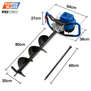 Powerblade Pd750 52Cc Stroke Petrol Post Hole Digger 200Mm Auger W/ 600Mm Extension Shaft