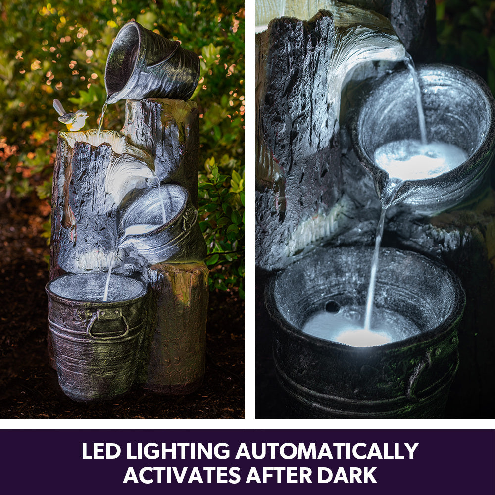 Protege Solar Powered Water Feature Fountain With Buckets Bird Led Lights