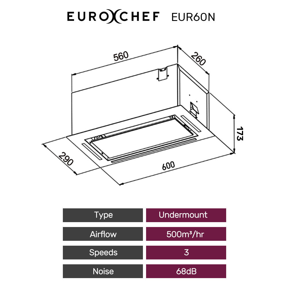 Eurochef 60Cm Undermount Rangehood Silver Quiet 3 Speed Layer Dishwashable Filter Led Lights Eur60n