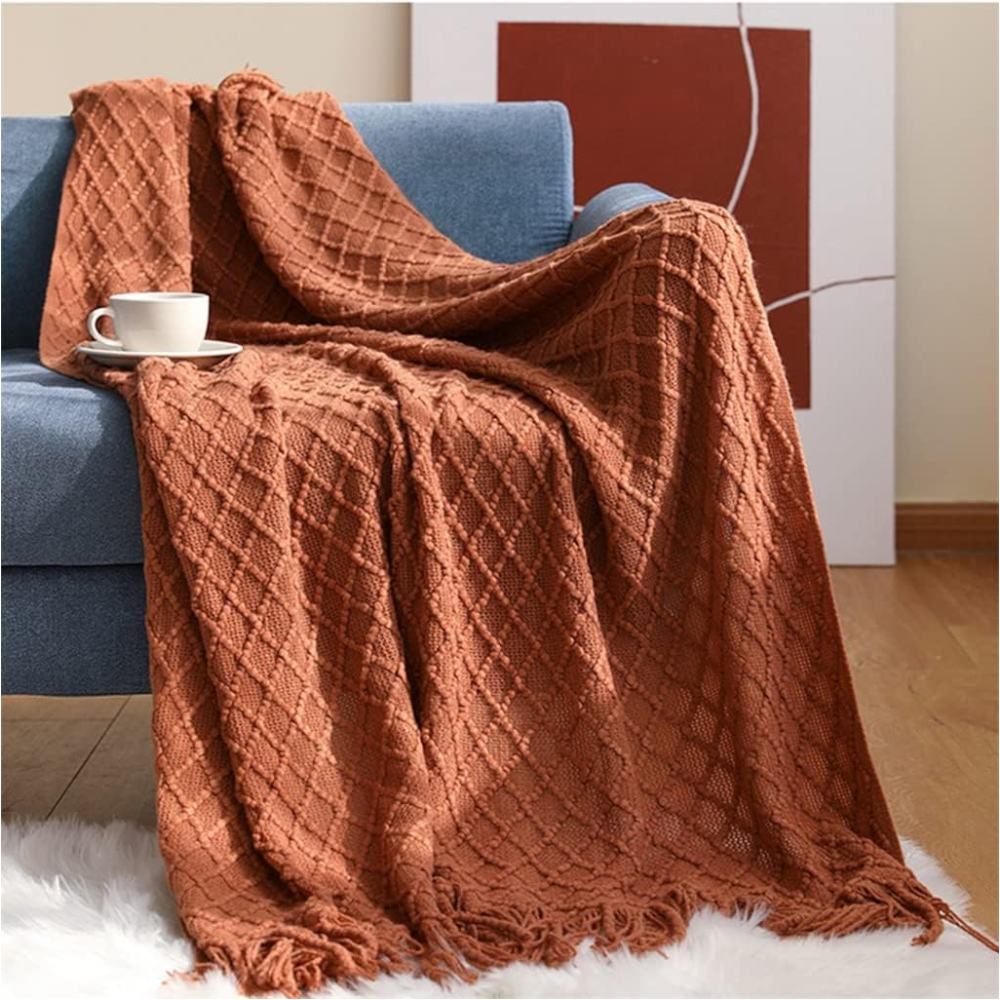 Red Faux Cashmere Sofa Cover Nordic Style Knit Plaid Throw Blanket 127 By 172 Centimetre
