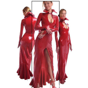 House Of Dasein Red Latex Evening Gown Handmade Clothing Front Zip Fish Tailed For Men Women