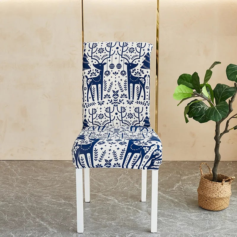 Chair Cover White Blue Xmas Deer Pattern Anti Dirt Elastic Material Slipcovers