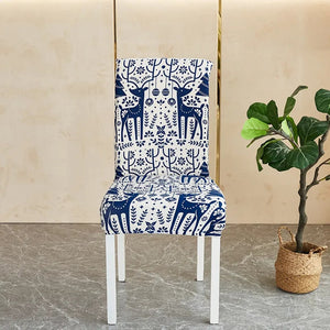 Chair Cover White Blue Xmas Deer Pattern Anti Dirt Elastic Material Slipcovers