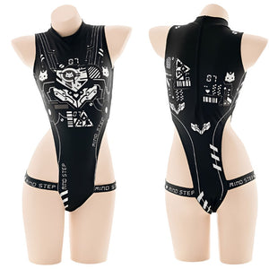 Punk Anime Girls Dark Cyber Mechanical Cat Cosplay Bodysuit Swimwear Set