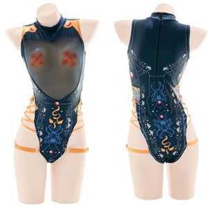 Punk Anime Girls Dark Cyber Mechanical Cat Cosplay Bodysuit Swimwear Set