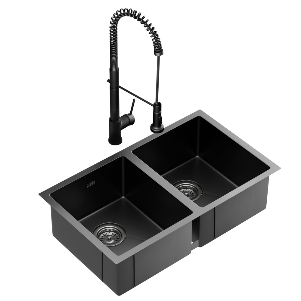 Cefito Stainless Steel Sink 77X45cm With Pull Out Mixer Tap Kitchen Double Bowl Black