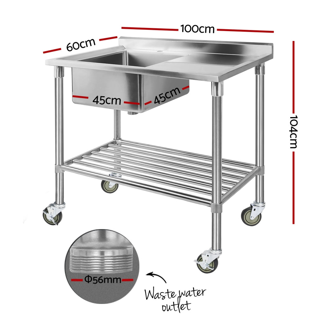 Cefito Stainless Steel Sink Bench Kitchen Work Benches Bowl Wheels 304