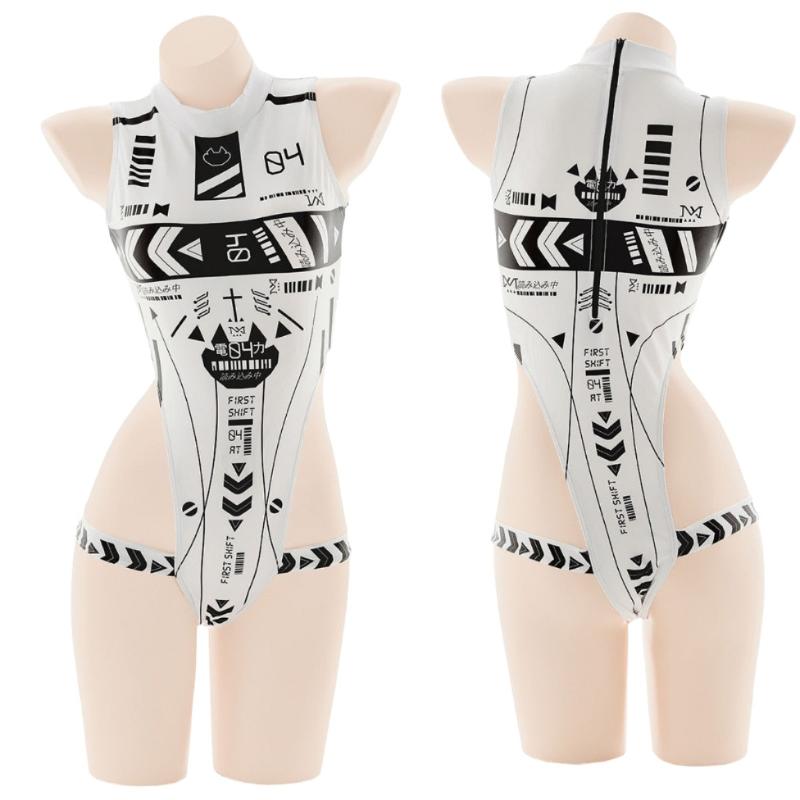 Punk Anime Girls Dark Cyber Mechanical Cat Cosplay Bodysuit Swimwear Set