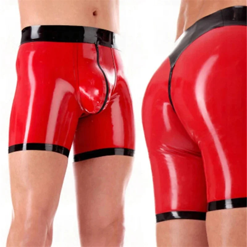 House Of Dasein Red And Black Latex Rubber Shorts With Crotch Zip For Men U Pouch Design