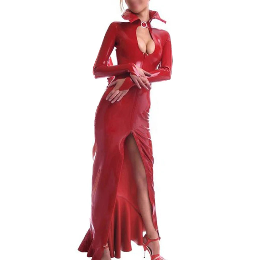 House Of Dasein Red Latex Evening Gown Handmade Clothing Front Zip Fish Tailed For Men Women