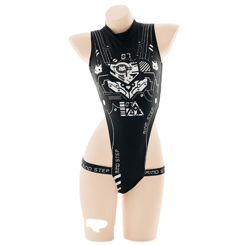 Punk Anime Girls Dark Cyber Mechanical Cat Cosplay Bodysuit Swimwear Set