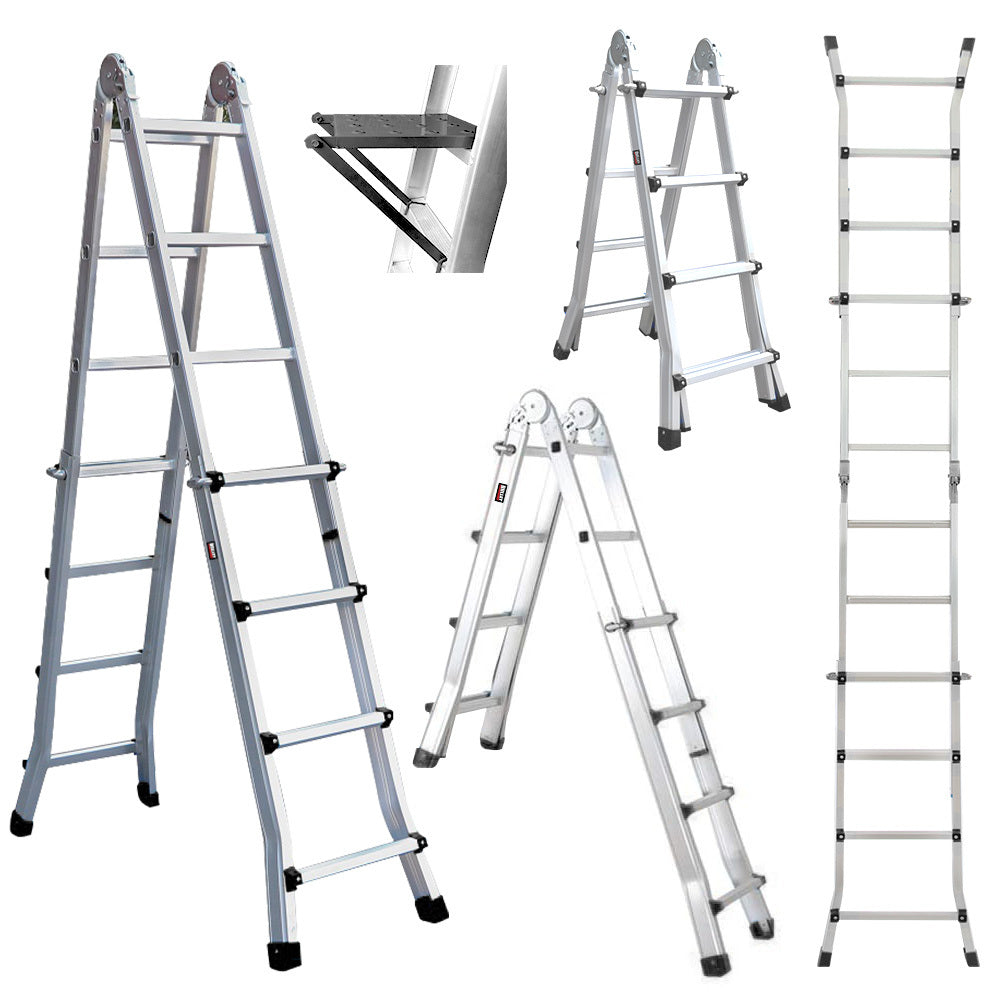 Bullet 4M Folding Aluminium Multipurpose Ladder W/ Workshelf Platform Spring Assisted Rapid Safety Lock Adjusters