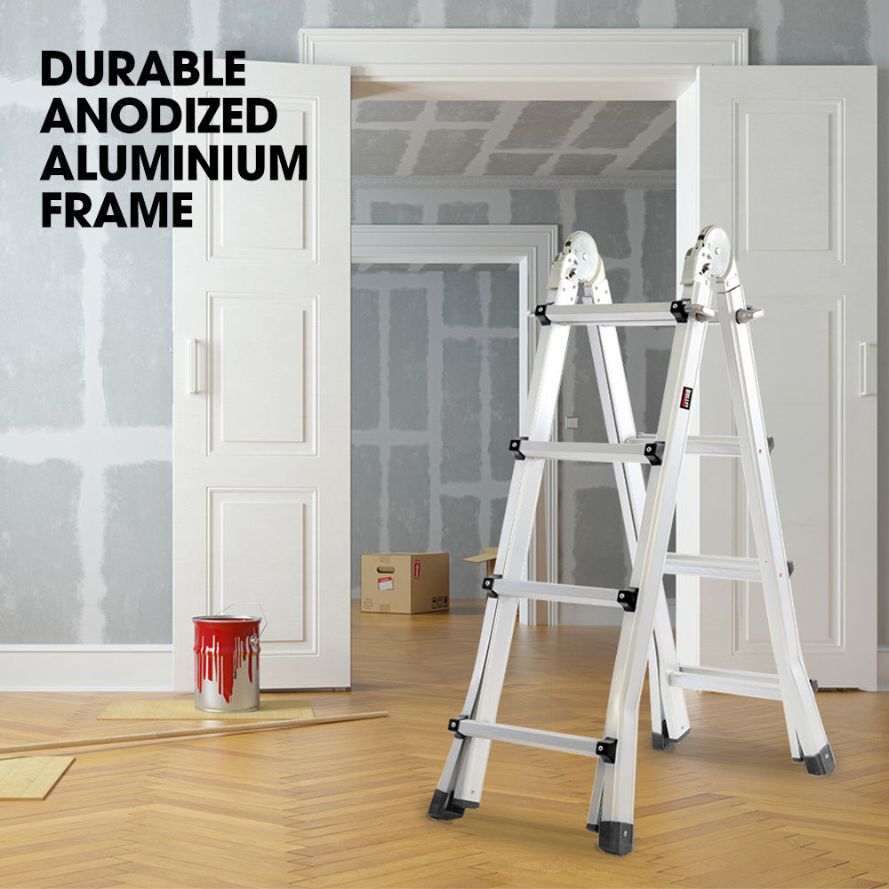 Bullet 4M Folding Aluminium Multipurpose Ladder W/ Workshelf Platform Spring Assisted Rapid Safety Lock Adjusters