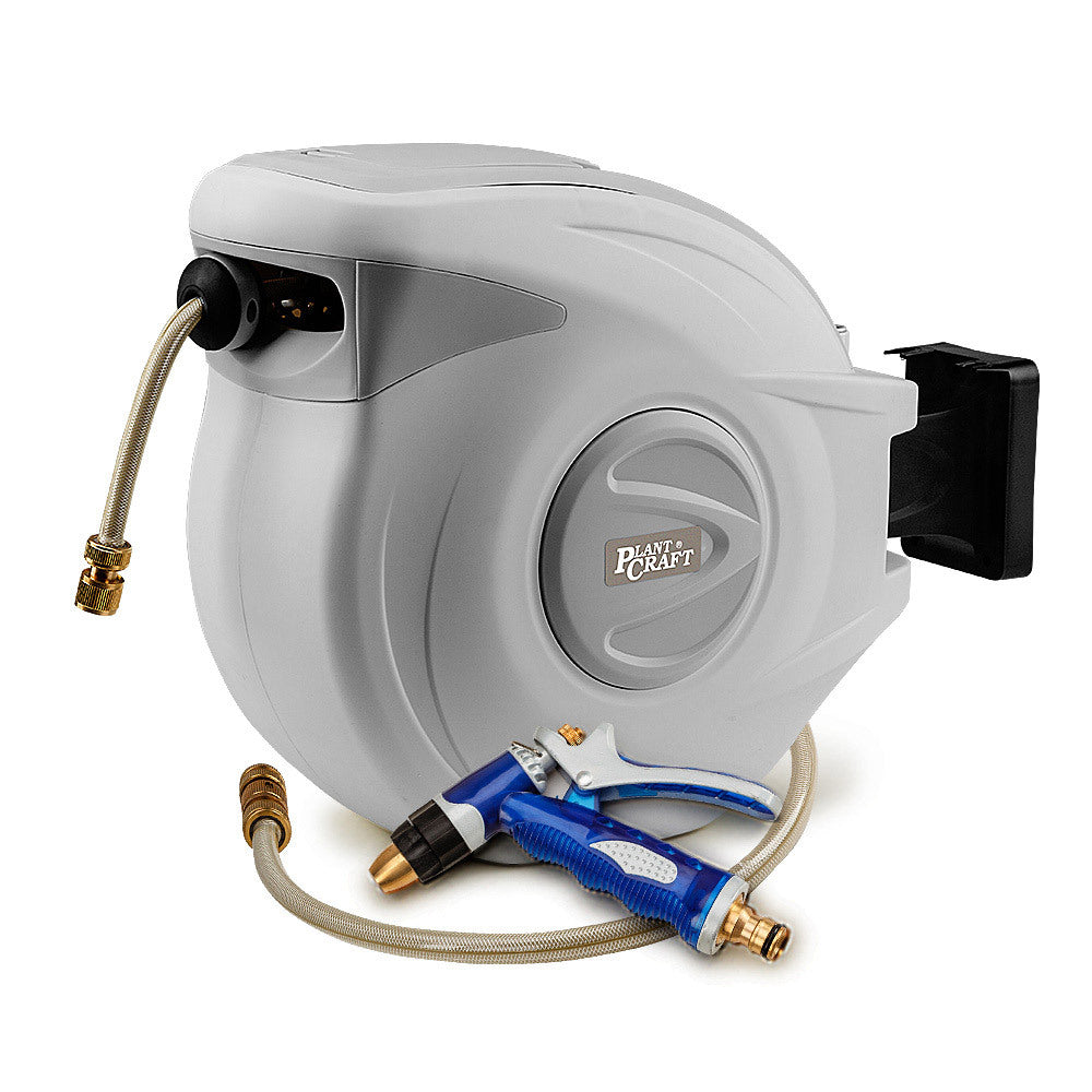 Plantcraft 30M Retractable Garden Water Hose Reel Brass Wall Mount Gun Rewind