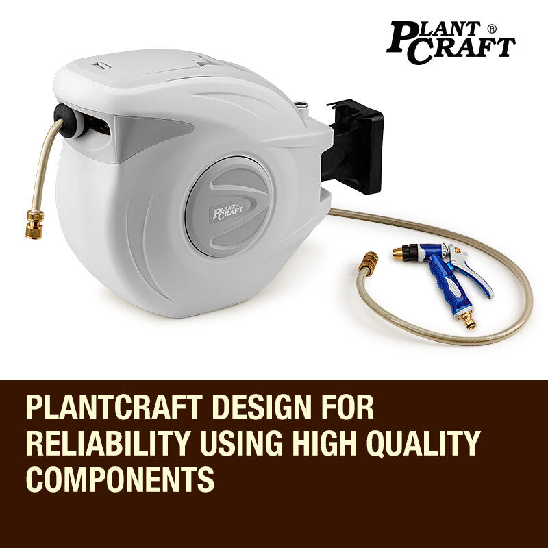 Plantcraft 30M Retractable Garden Water Hose Reel Brass Wall Mount Gun Rewind