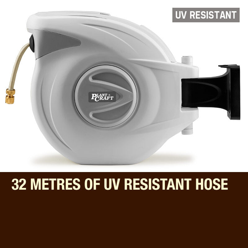 Plantcraft 30M Retractable Garden Water Hose Reel Brass Wall Mount Gun Rewind