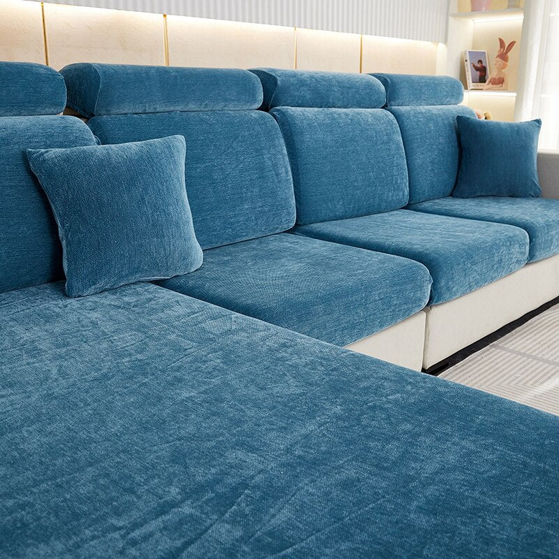 Sofa Cover Dark Blue L Shape Polyester Chenille Thick Stretchable Cushion Slipcovers