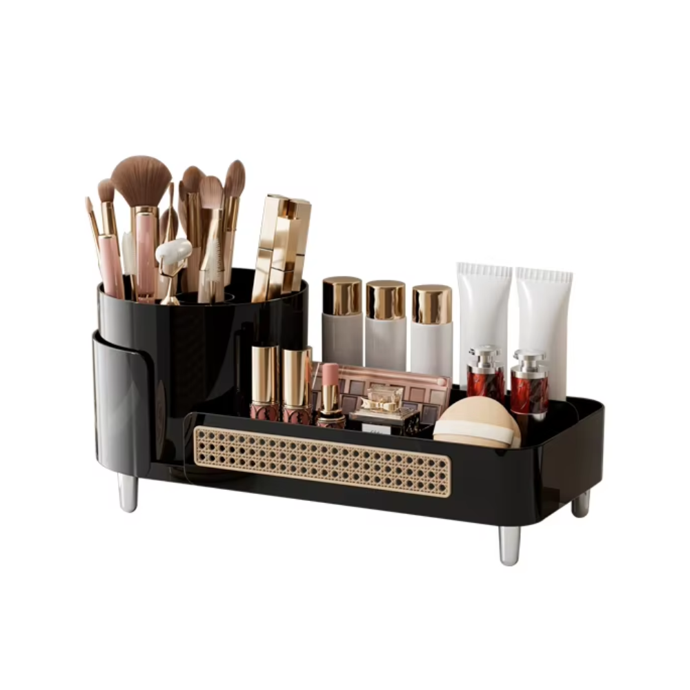 Black Cosmetic Organizer Rotating Desktop Makeup Brush Holder With Large Capacity Storage