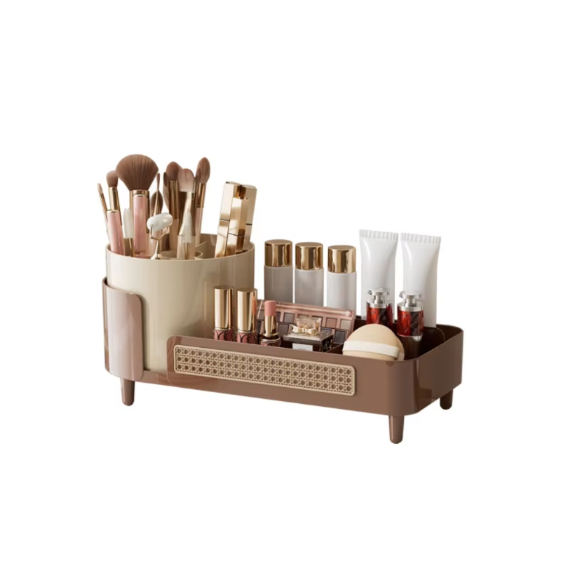 Brown Cosmetic Organizer Rotating Desktop Makeup Brush Holder With Large Capacity Storage