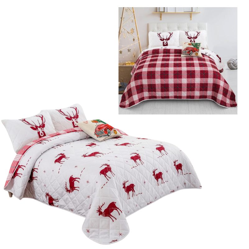 Joyful Red And White Reindeer Pattern Reversible Christmas Queen Bedspread Set