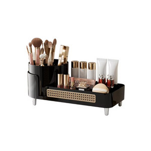 Brown Cosmetic Organizer Rotating Desktop Makeup Brush Holder With Large Capacity Storage