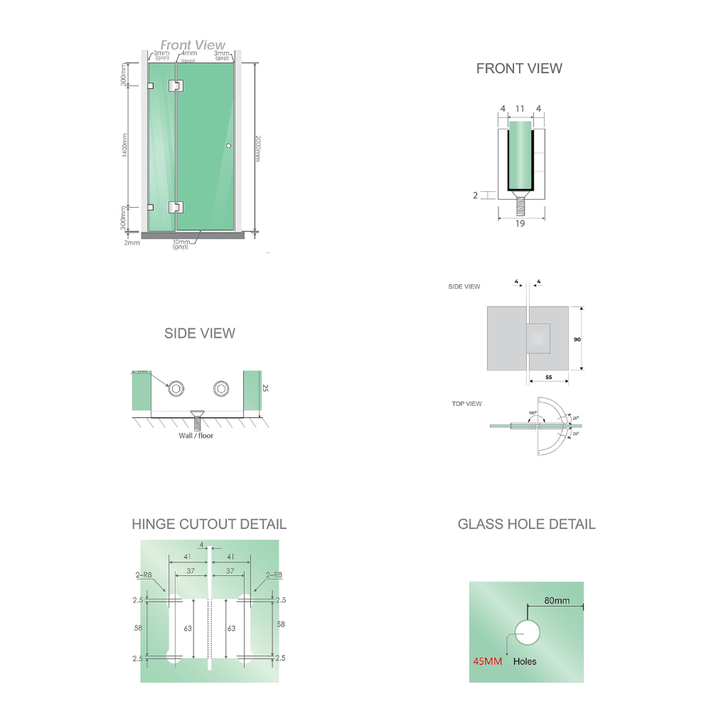 120X80cm Corner Frameless Shower Screen With Chrome Brackets And Ss Hinges Round Handle