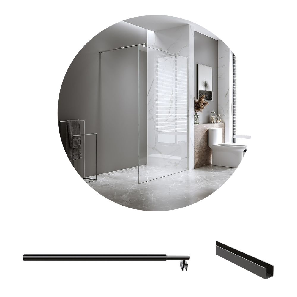 80X210cm Single Shower Glass Screen With Black Wall Channel & Round Pole