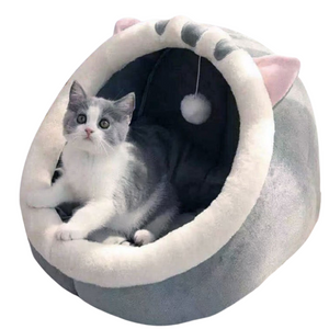 Gray Half Enclosed Cat Bed Soft Short Velvet Fabric With Sponge + Pp Cotton Filling M Size (35X35x30cm)