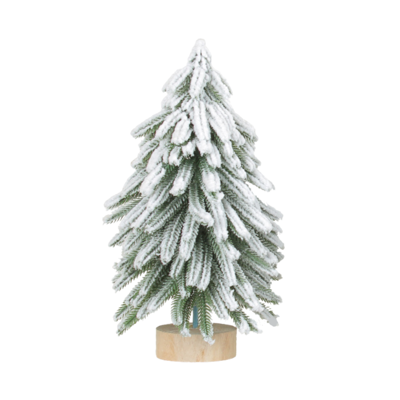 Miniature Snowy Artificial Pine Tree Decoration 11.42 Inch Tabletop Christmas With Wooden Base