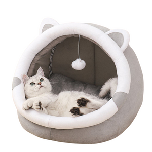 Gray Half Enclosed Cat Bed Soft Short Velvet Fabric With Sponge + Pp Cotton Filling M Size (35X35x30cm)