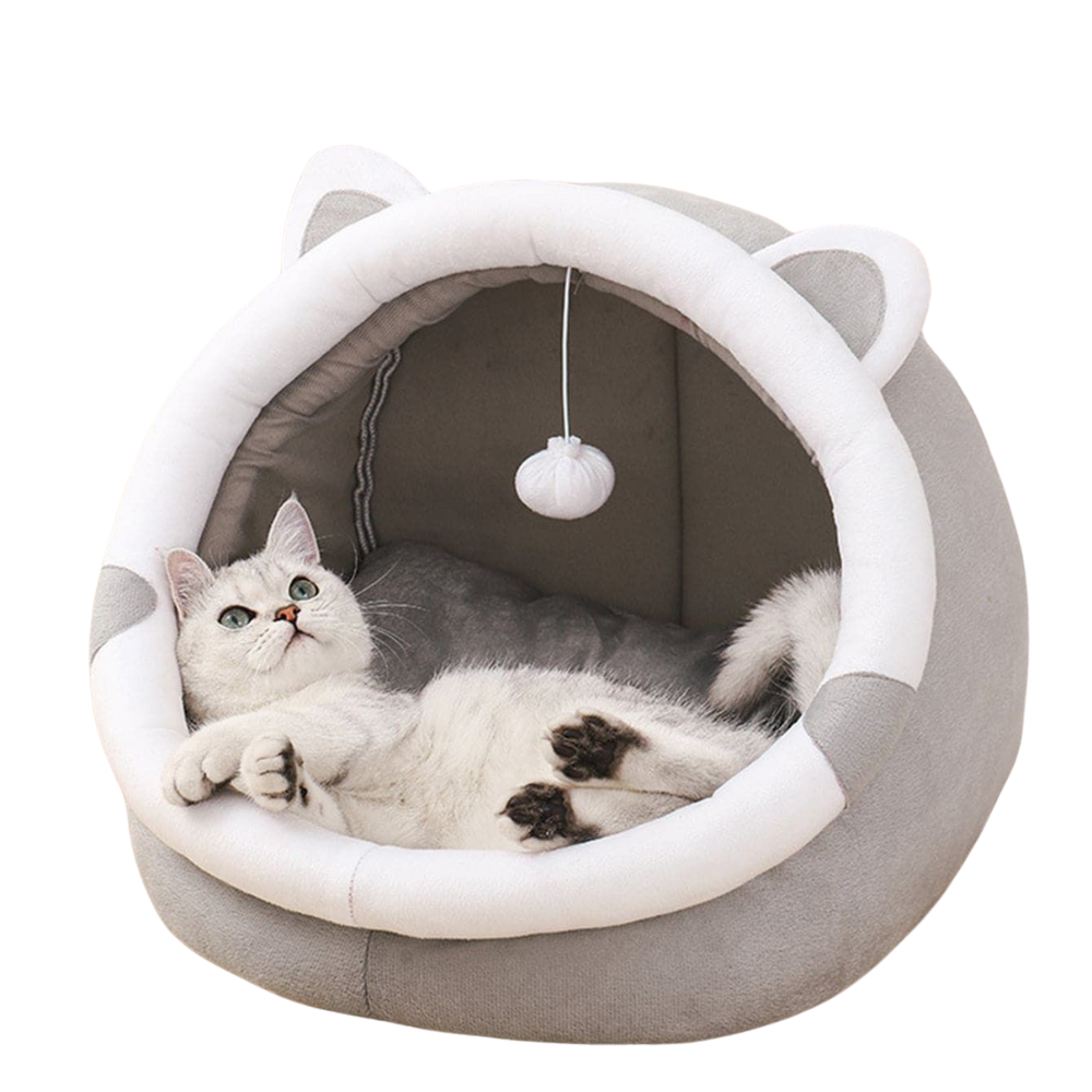 Gray Half Enclosed Cat Bed Soft Short Velvet Fabric With Sponge Pp Cotton Filling Size (28X28x30 Cm)