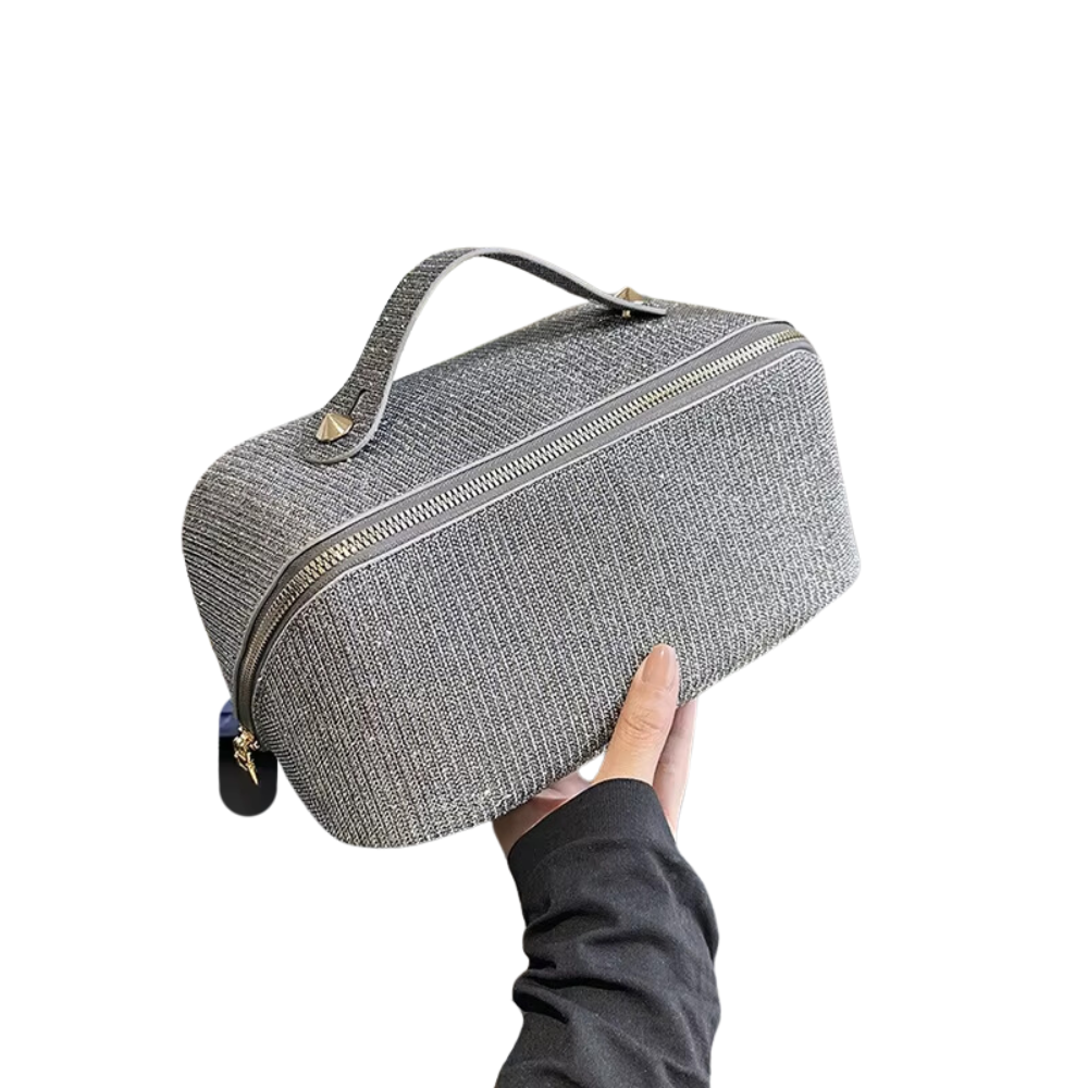 Gray Shiny Large Capacity Makeup Bag Multi Function Travel Toiletry Organizer Handheld Cosmetic Storage