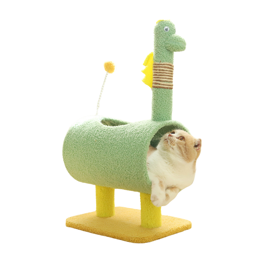 Green Dinosaur Theme Cat Tree With Tunnel Multi Functional Scratching Post And Playhouse