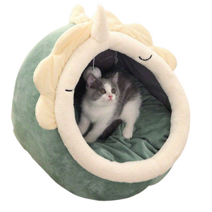 Green Half Enclosed Cat Bed Soft Short Velvet Fabric With Sponge + Pp Cotton Filling M Size (35X35x30cm)