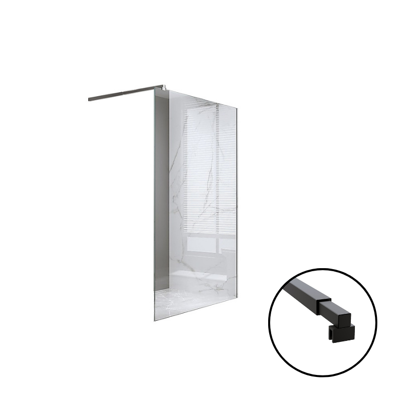 70X200cm Single Shower Glass Screen With Black Wall Channel & Square Pole